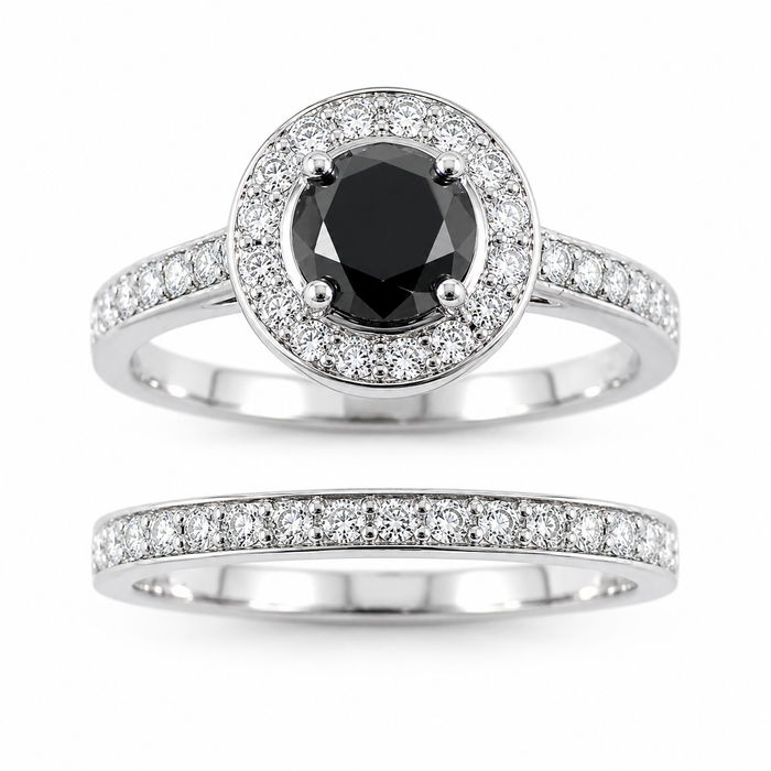 Black diamond round diamond halo 14k white gold wedding ring set