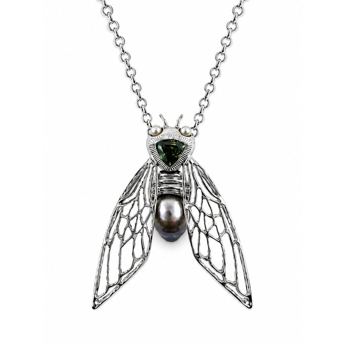 Cicada insect Tahitian pearl Australian green trillion cut sapphire rhodium plated silver pendant necklace