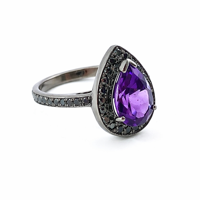 Amethyst pear gemstone halo gold ring - Customise size, halo gemstones and gold colour