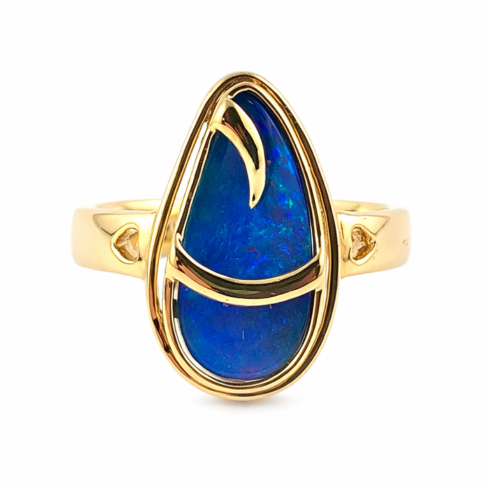 Australian blue Boulder opal organic sprout design solid yellow gold ring Size 11.5 US - Ready to ship or resize