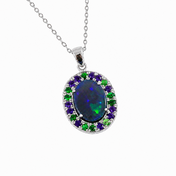 Australian opal Tsavorite garnet and amethyst halo white gold pendant necklace