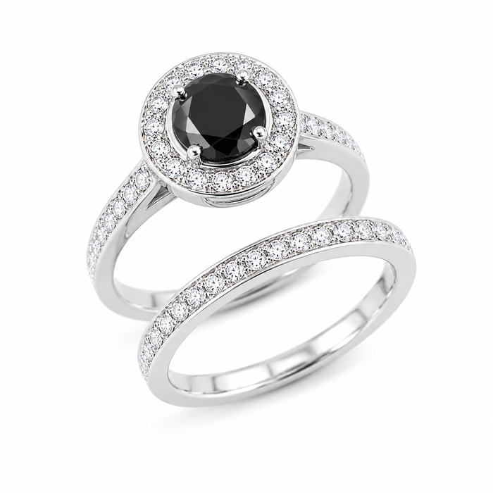 Black diamond round diamond halo 14k white gold wedding ring set