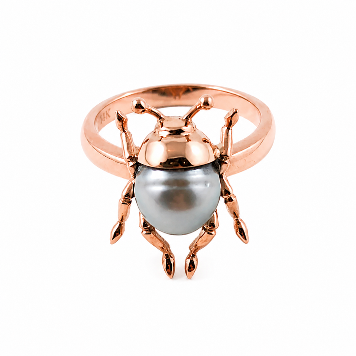 Beetle bug insect Tahitian pearl 14k rose gold ring