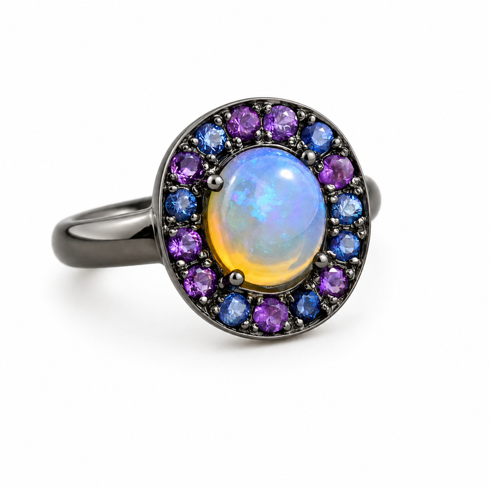 Australian jelly opal with amethyst and blue sapphire halo oxidized black gold ring