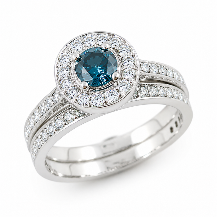 Blue diamond round diamond halo 14k white gold wedding ring set