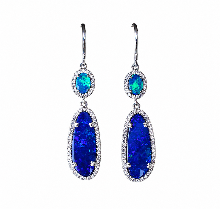 Blue opal diamond halo 925 silver dangle earrings - Ready to ship