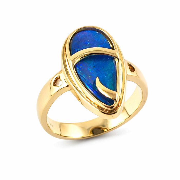 Australian blue Boulder opal organic sprout design solid yellow gold ring Size 11.5 US - Ready to ship or resize