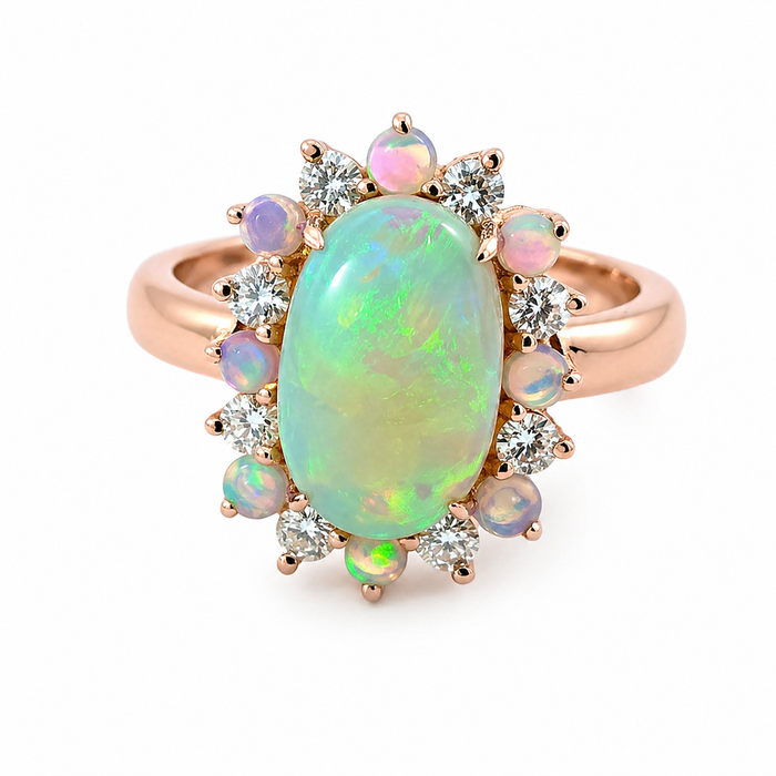 Australian jelly opal diamond halo 14k rose gold ring