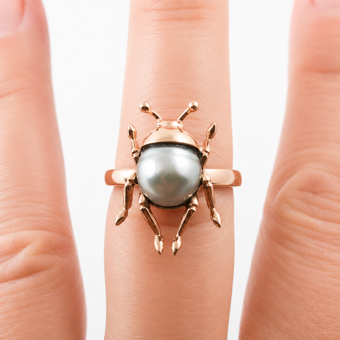 Beetle bug insect Tahitian pearl 14k rose gold ring