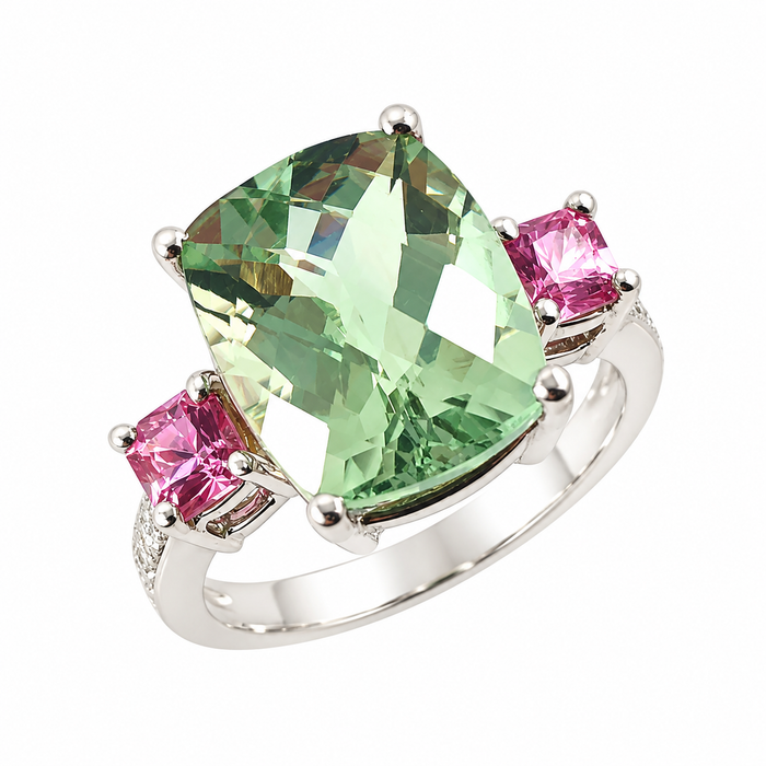 Green amethyst pink sapphire multi stone diamond 14k white gold ring