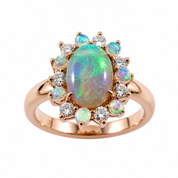 Australian black opal and diamond halo 14k rose gold ring