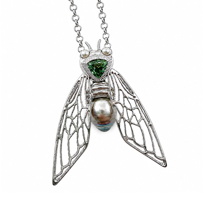 Cicada insect Tahitian pearl Australian green trillion cut sapphire rhodium plated silver pendant necklace