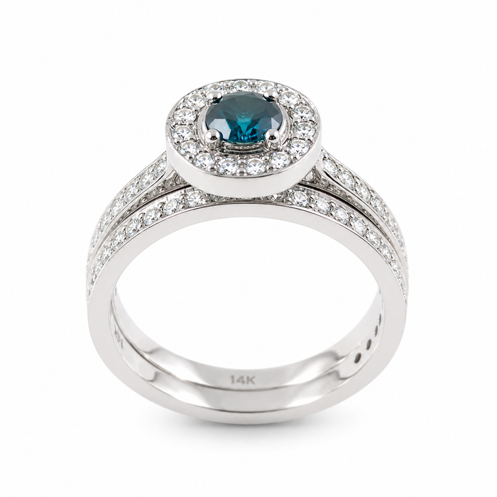 Blue diamond round diamond halo 14k white gold wedding ring set