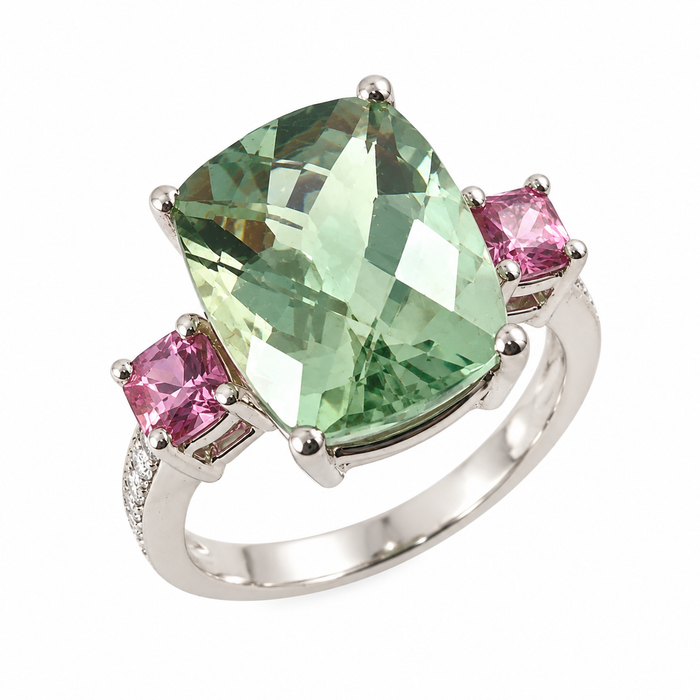 Green amethyst pink sapphire multi stone diamond 14k white gold ring