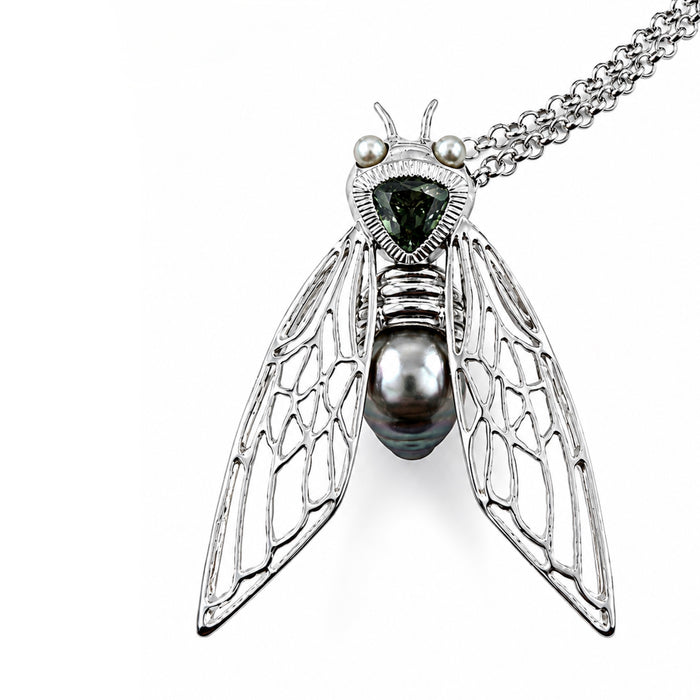 Cicada insect Tahitian pearl Australian green trillion cut sapphire rhodium plated silver pendant necklace
