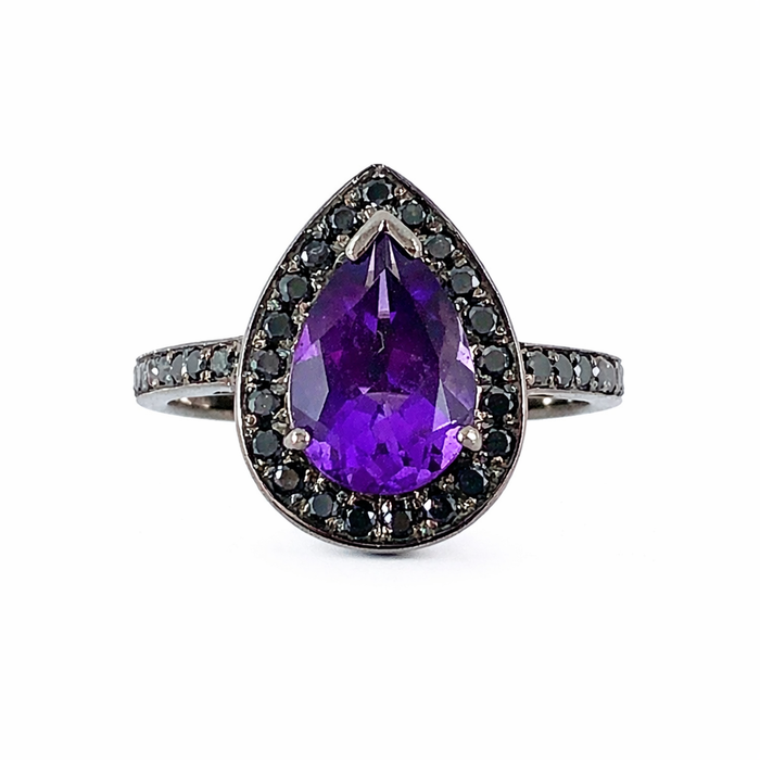 Amethyst pear gemstone halo gold ring - Customise size, halo gemstones and gold colour