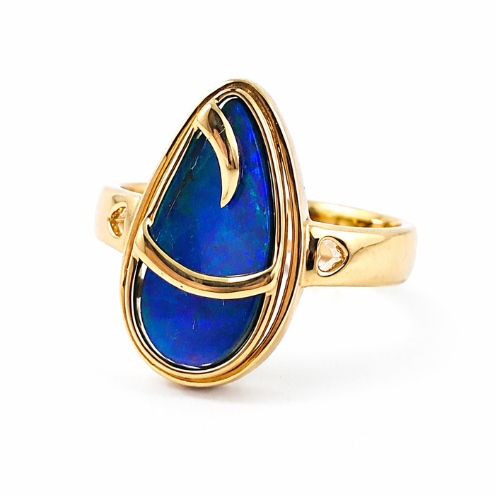 Australian blue Boulder opal organic sprout design solid yellow gold ring Size 11.5 US - Ready to ship or resize