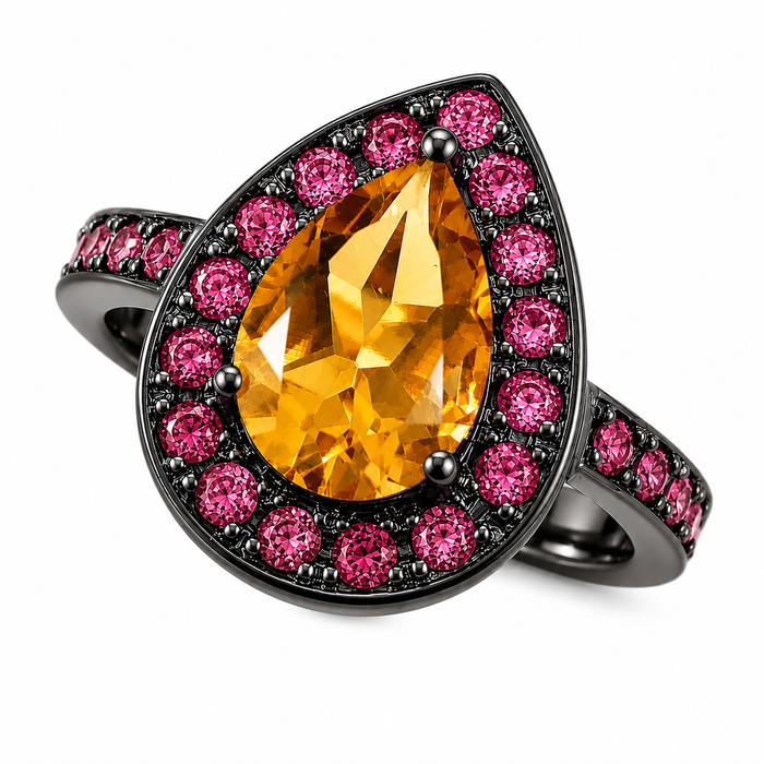Citrine pear and emerald halo rose gold alternative engagement ring - Customise size, halo gemstones and gold colour