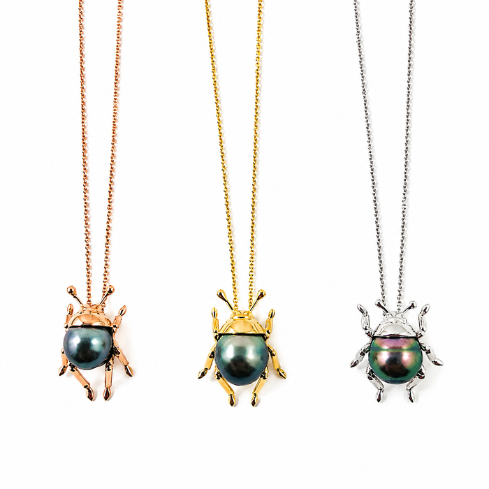 Beetle insect Tahitian pearl, 14k rose gold pendant necklace