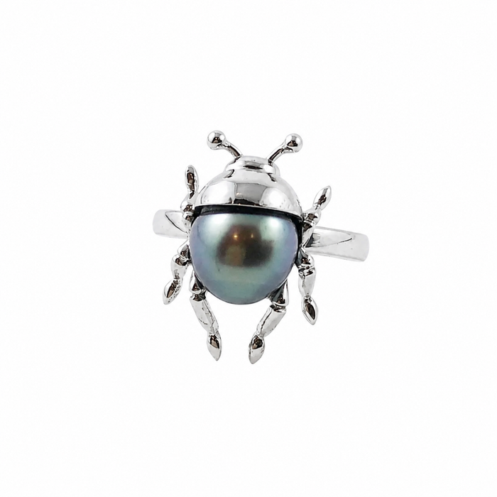 Beetle bug insect Tahitian pearl 14k white gold ring