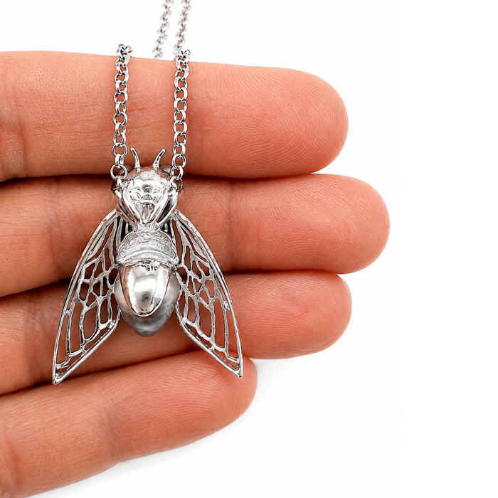 Cicada insect Tahitian pearl Australian green trillion cut sapphire rhodium plated silver pendant necklace