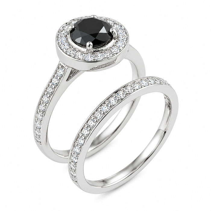 Black diamond round diamond halo 14k white gold wedding ring set