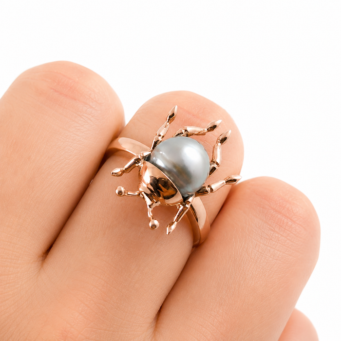 Beetle bug insect Tahitian pearl 14k rose gold ring