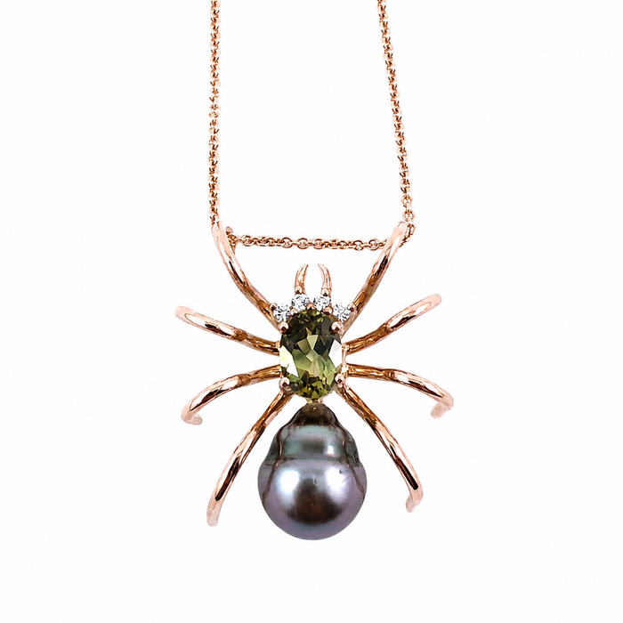 Spider arachnid insect Tahitian pearl Australian parti sapphire 14k rose gold pendant necklace