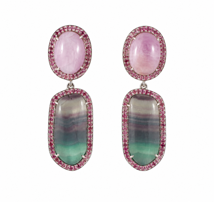 Rainbow fluorite, kunzite, pink sapphire halo silver dangle earrings