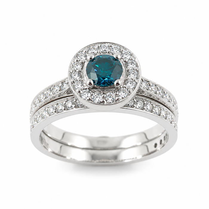 Blue diamond round diamond halo 14k white gold wedding ring set