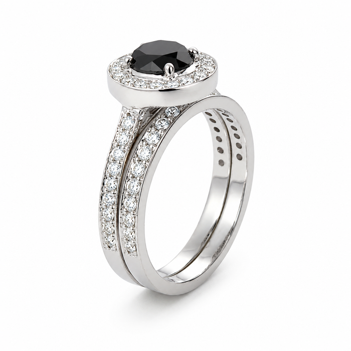 Black diamond round diamond halo 14k white gold wedding ring set