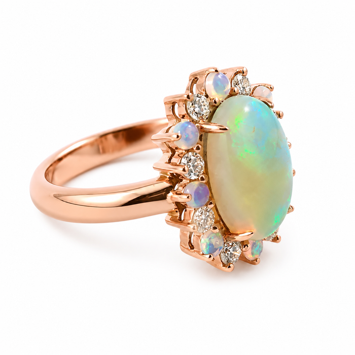 Australian jelly opal diamond halo 14k rose gold ring