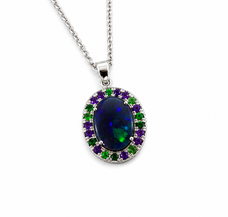 Australian opal Tsavorite garnet and amethyst halo white gold pendant necklace
