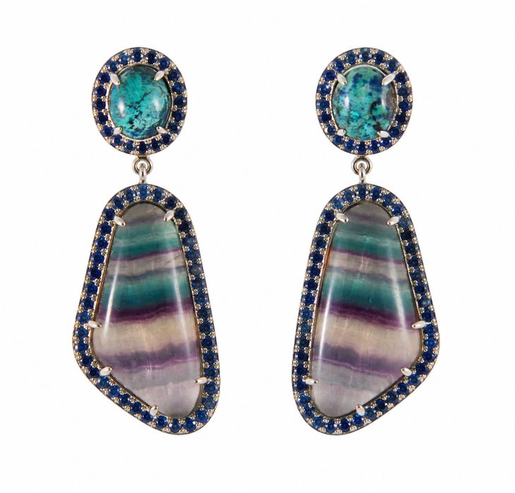 Rainbow fluorite, chrysocolla, blue sapphire halo silver dangle earrings