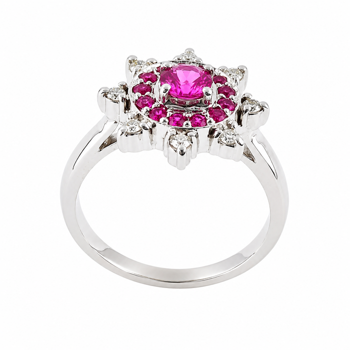 Australian pink sapphire pink ruby diamond 14k white gold flower ring