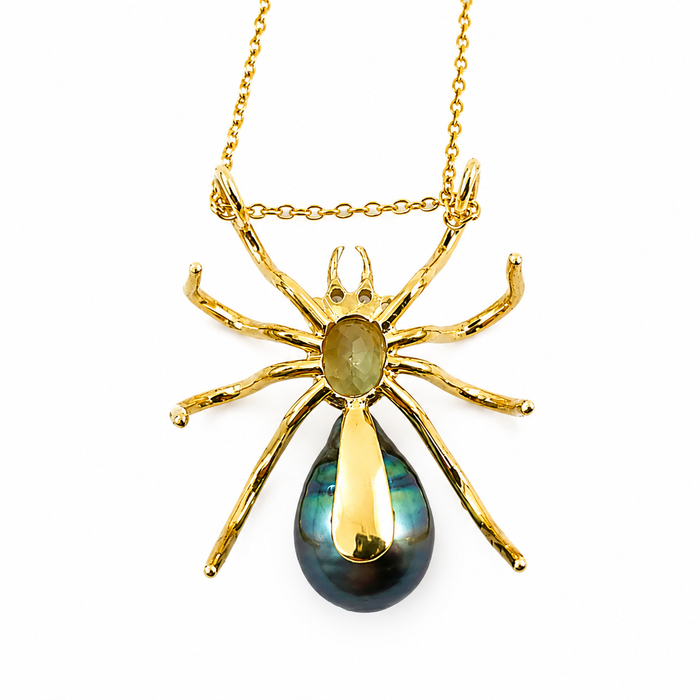 Spider arachnid insect Tahitian pearl Australian parti sapphire 14k yellow gold pendant necklace