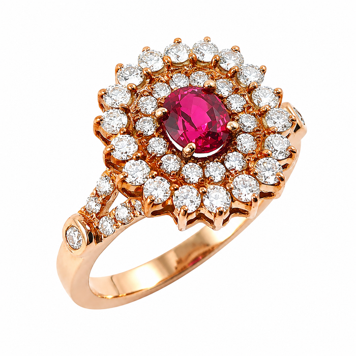 Red spinel oval and diamond rose gold ring