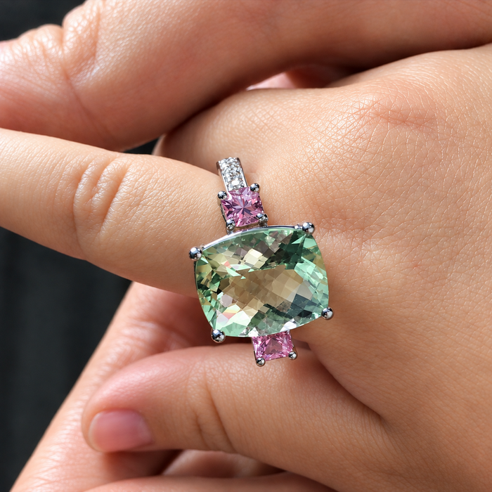Green amethyst pink sapphire multi stone diamond 14k white gold ring