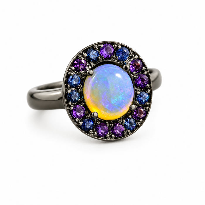 Australian jelly opal with amethyst and blue sapphire halo oxidized black gold ring