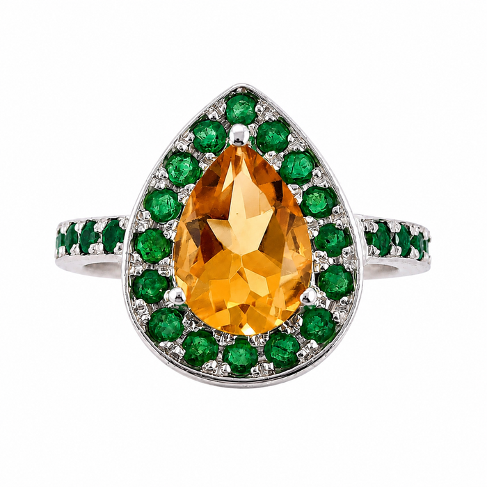 Citrine pear and emerald halo rose gold alternative engagement ring - Customise size, halo gemstones and gold colour