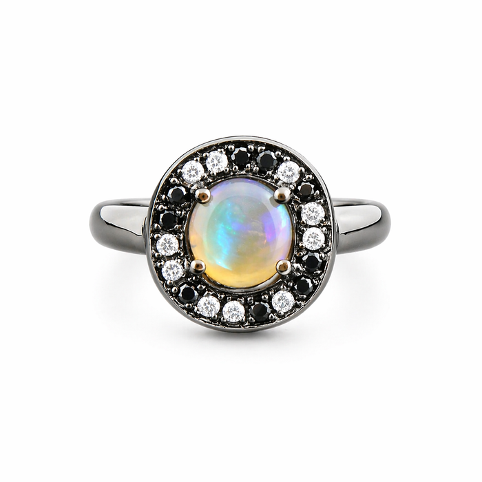 Australian jelly opal diamond black diamond halo black gold ring