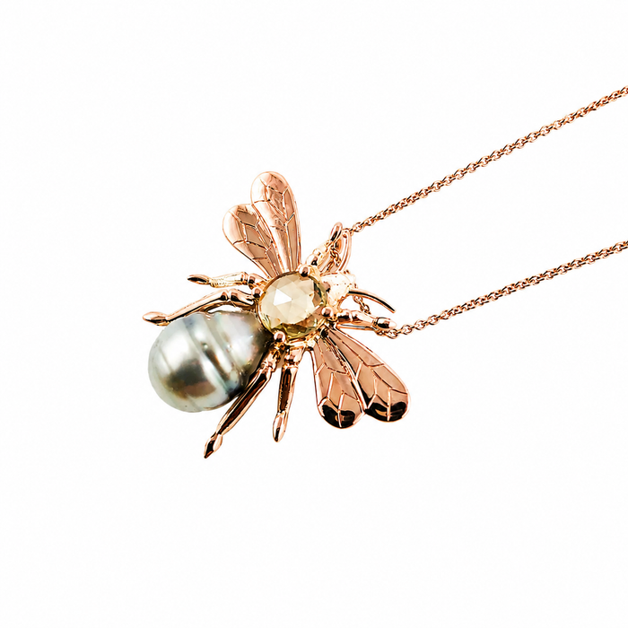 Bee insect Tahitian pearl, yellow rose cut sapphire, 14k rose gold pendant necklace