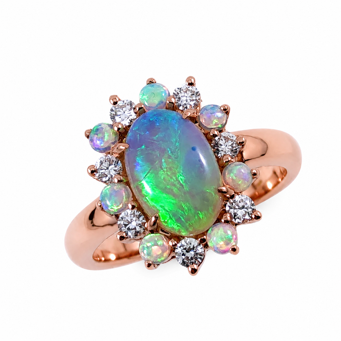 Australian black opal and diamond halo 14k rose gold ring