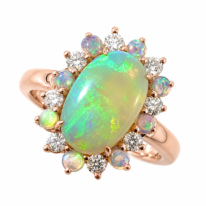 Australian jelly opal diamond halo 14k rose gold ring