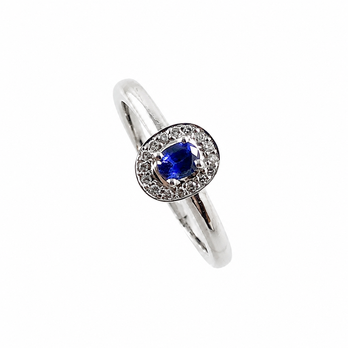 Ceylon sapphire oval and white diamond halo 14k white gold ring