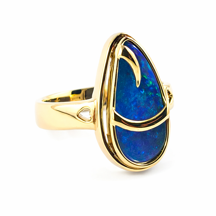 Australian blue Boulder opal organic sprout design solid yellow gold ring Size 11.5 US - Ready to ship or resize