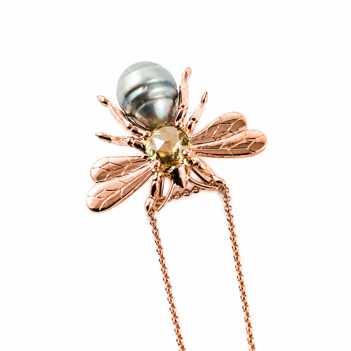 Bee insect Tahitian pearl, yellow rose cut sapphire, 14k rose gold pendant necklace