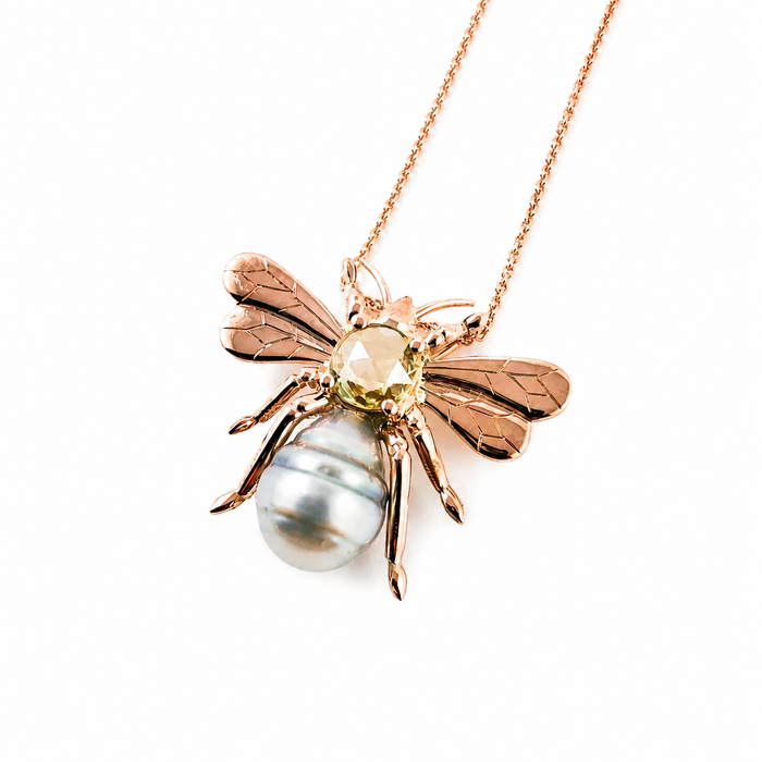 Bee insect Tahitian pearl, yellow rose cut sapphire, 14k rose gold pendant necklace