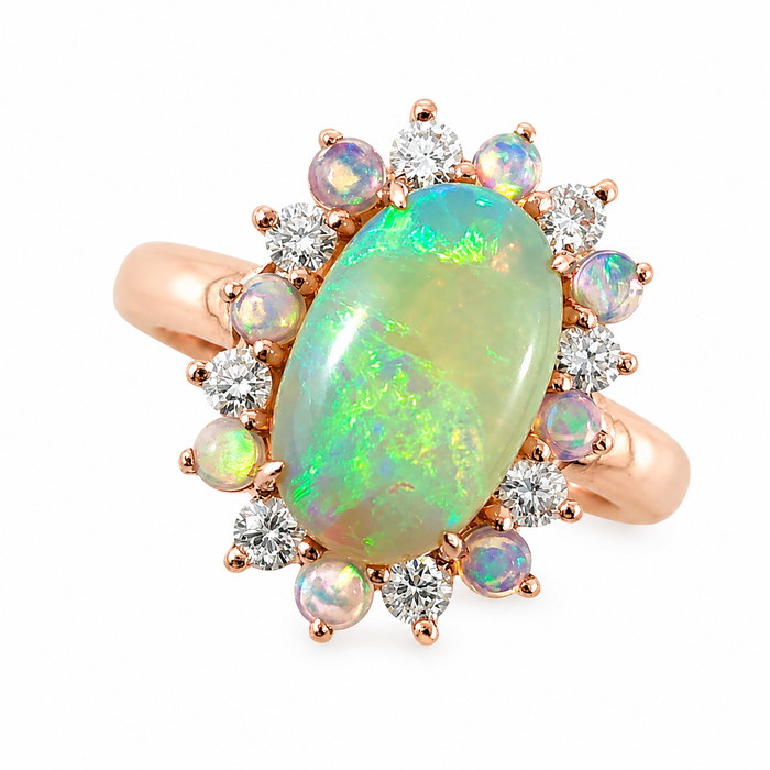 Australian jelly opal diamond halo 14k rose gold ring