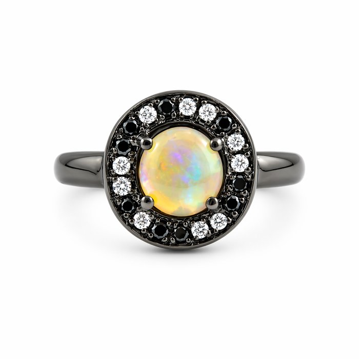 Australian jelly opal diamond black diamond halo black gold ring